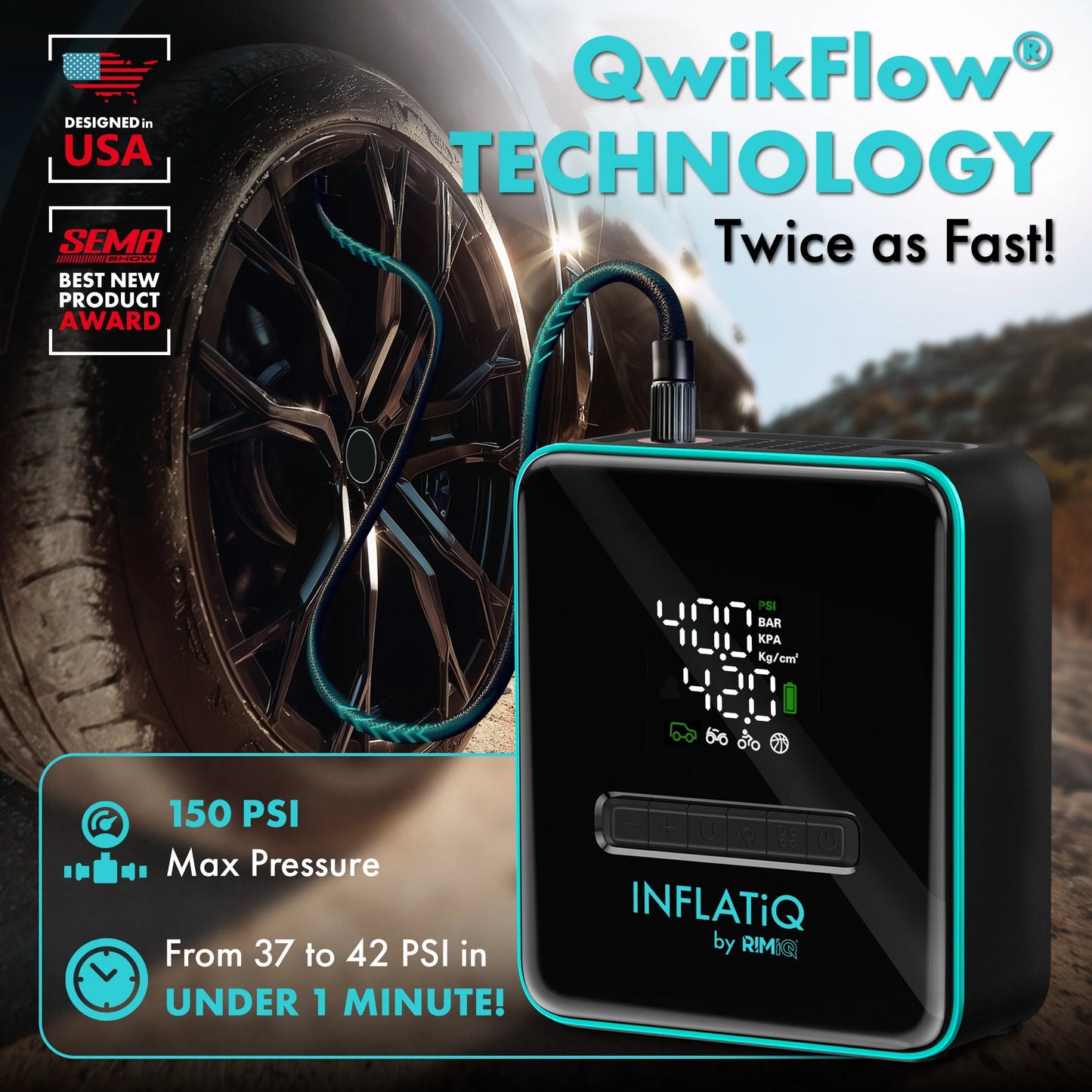 INFLATiQ® by RIMiQ® Portable Tire Inflator - Powerful, Award-Winning QwikFlow® Technology